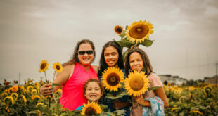 A family stands together in a field of sunflowers.