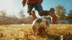 A child runs away from a muddy soccer ball.