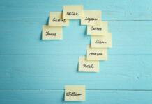 Baby names written on post-it notes are stuck on a light blue wooden background. The notes are in the shape of a question mark.