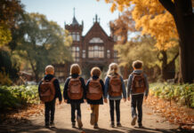 Children wear dark blue uniforms and brown backpacks. They are walking toward a building with English Gothic architecture. It is alluded to that this building is a private school.