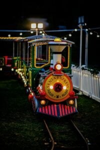 A train decorated for the holidays