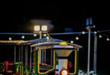 A train decorated for the holidays