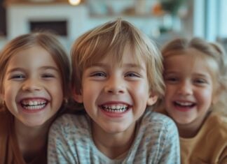 Portrait of happy siblings at home