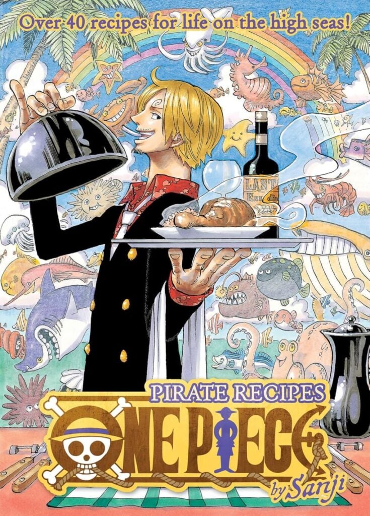 A graphic novel cover of "One Piece: Pirate Recipes" by Sanji depicting a character holding a tray and cover revealing hot steaming chicken. The book covers recipes based on the show "One Piece."